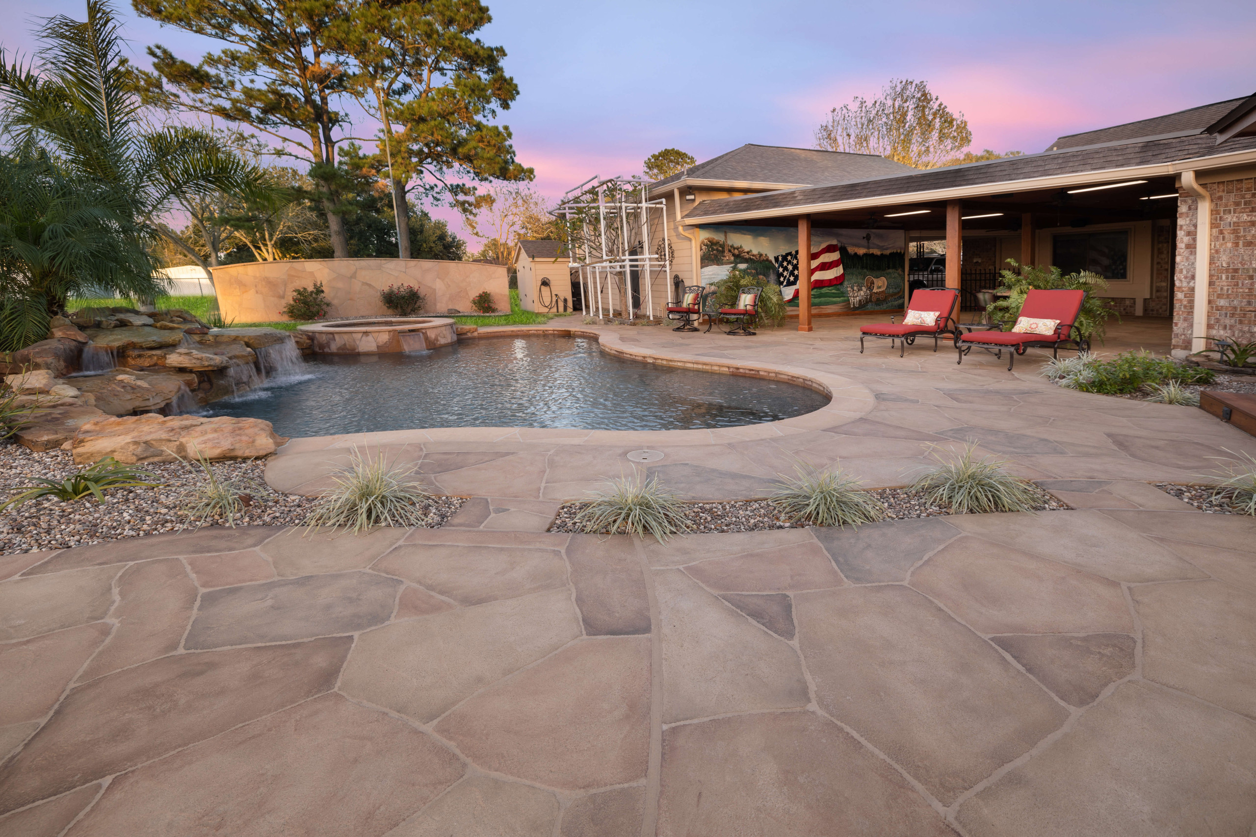 custom concrete overlay pool decking Carvestone design idea in Houston Texas