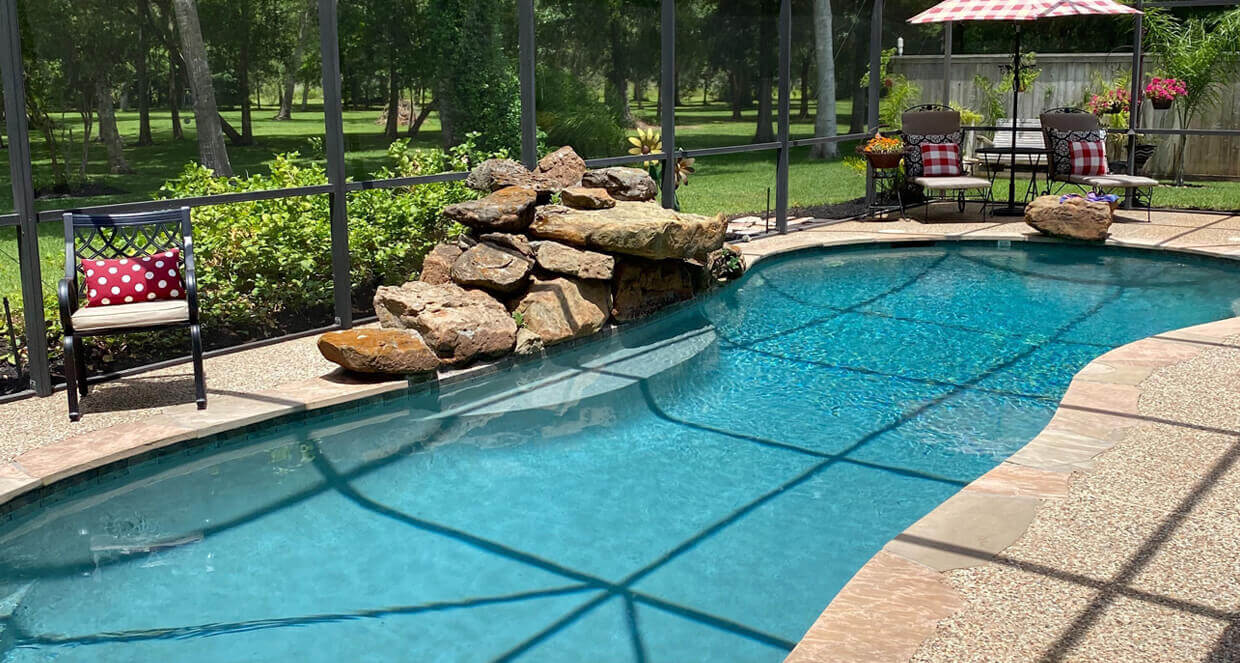 Backyard renovation design idea complete remodel carvestone pool deck pea gravel