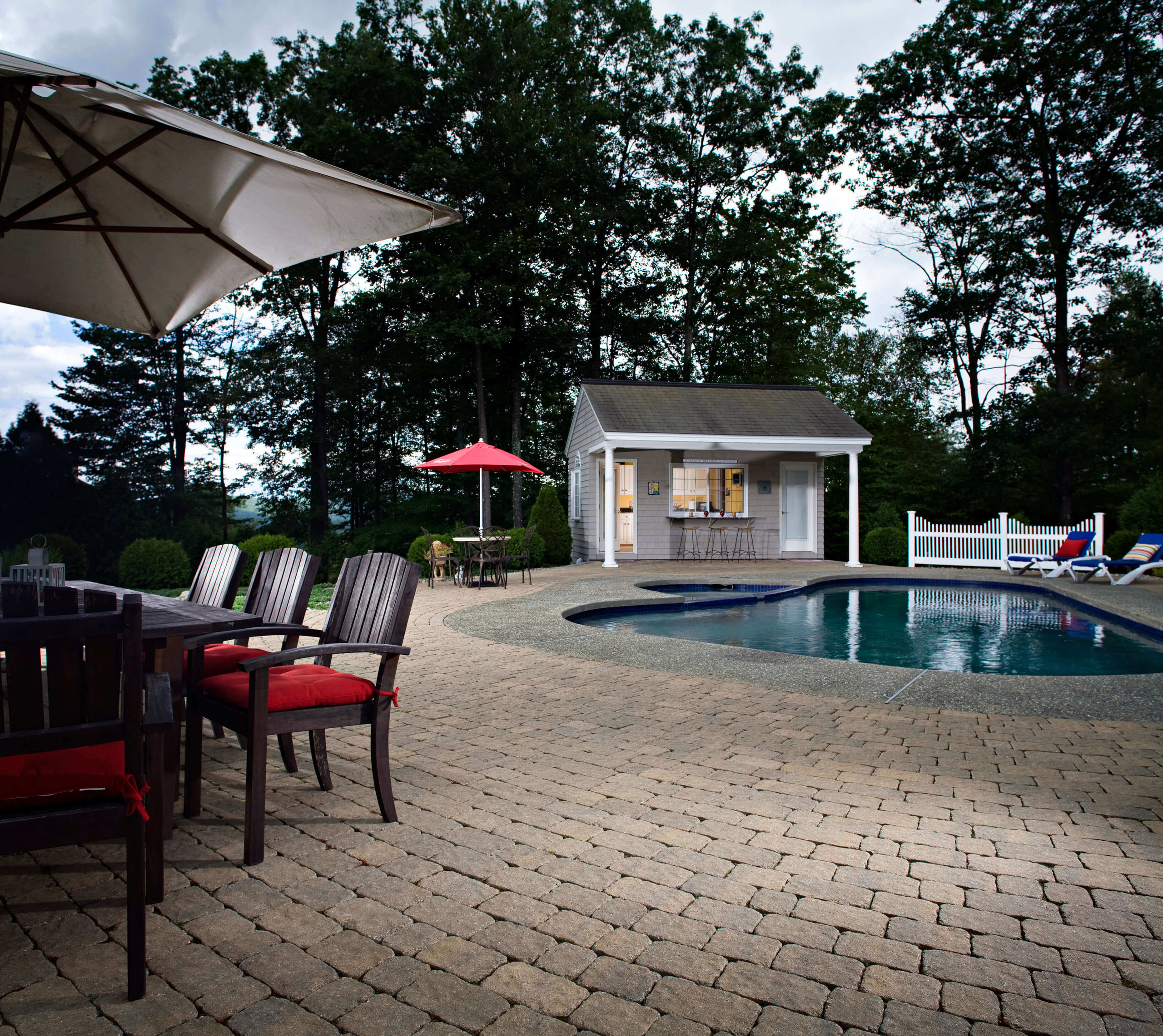 Stone hardscape paver patio pool deck
