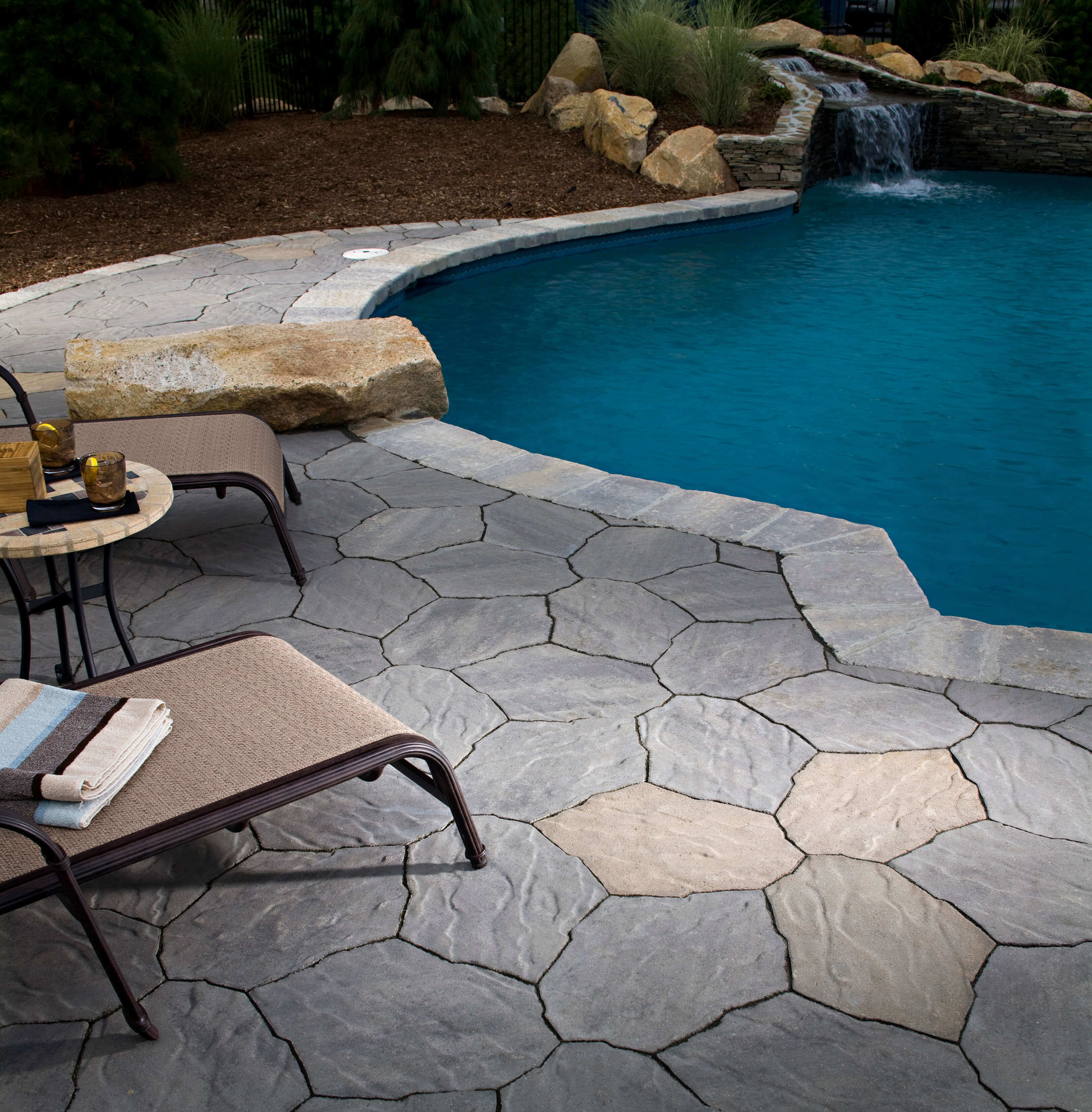 Pool deck pavers stone hardscape design idea