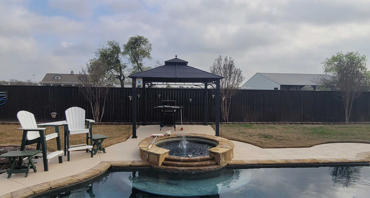 Backyard transformation patio cover construction pool remodel design idea Dallas Texas