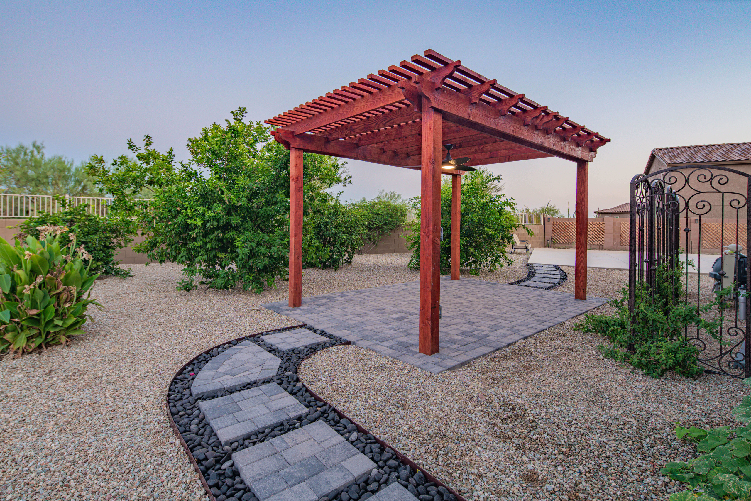 Grey design pavers patio pergola in Phoenix Arizona hardscape idea