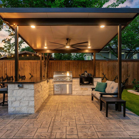 decorative stamped concrete finish backyard patio Houston Texas