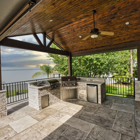 Outdoor kitchen grill and cedar patio cover