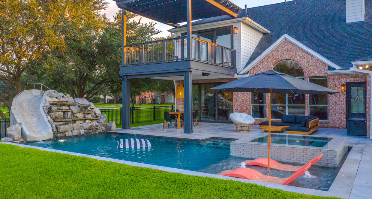 Backyard transformation with new pool construction pool decking travertine design idea