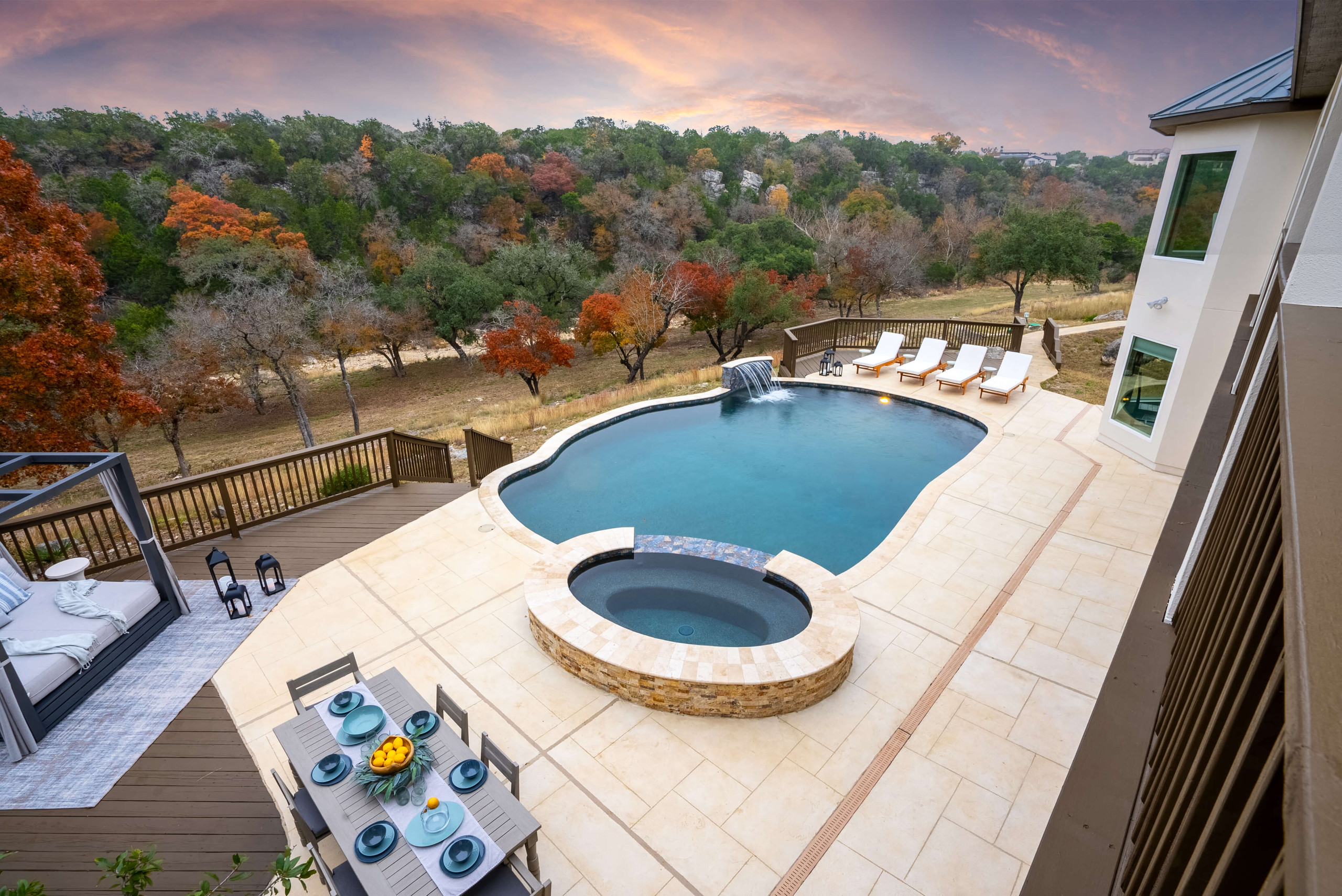 backyard custom pool remodel carvestone overlay pool deck texas hill country san antonio