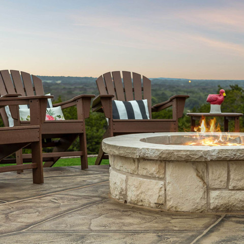 backyard stone firepit fire feature outdoor furniture