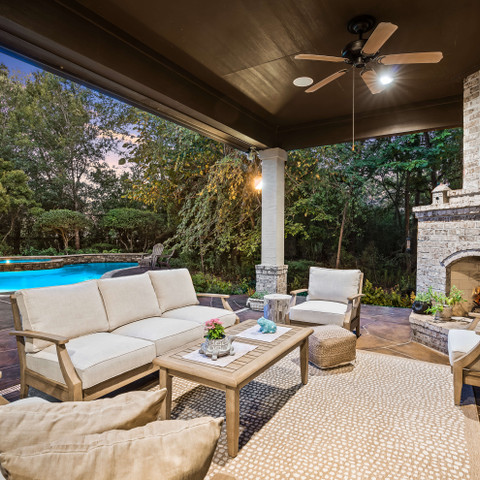 Fireplace outdoor living room patio design