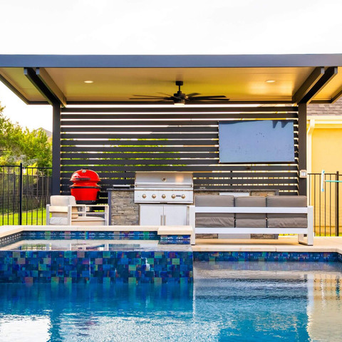 backyard shade structure idea design poolside outdoor kitchen