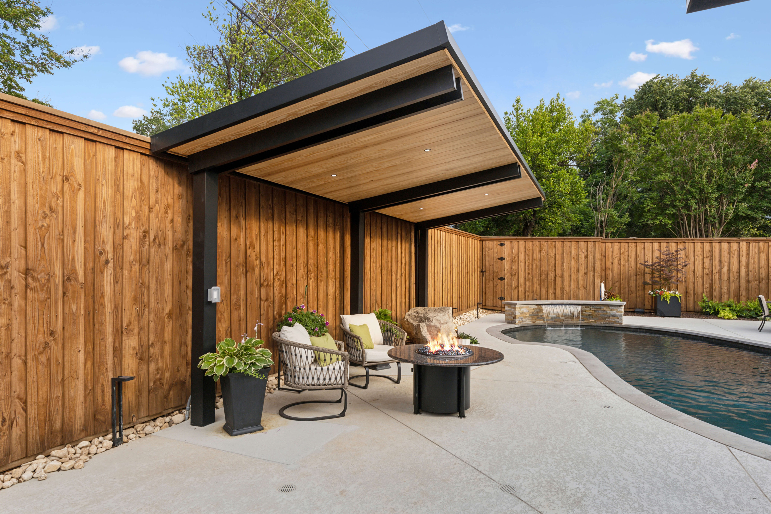 pool deck patio cover fire feature outdoor living retreat