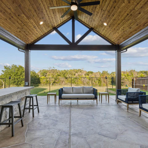open gable patio cover carvestone overlay stone kitchen island