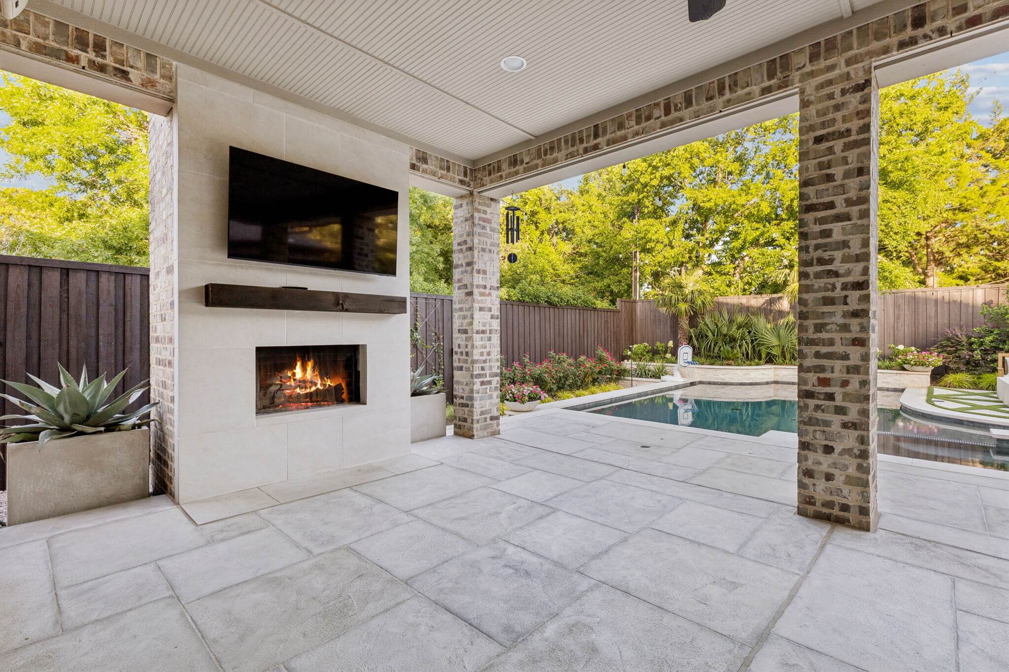 custom fireplace carvestone overlay patio pool deck pool remodel