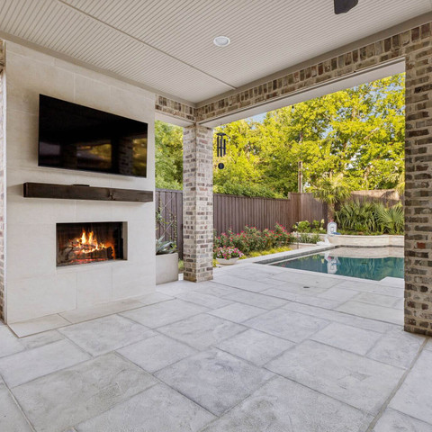 custom fireplace carvestone overlay patio pool deck pool remodel