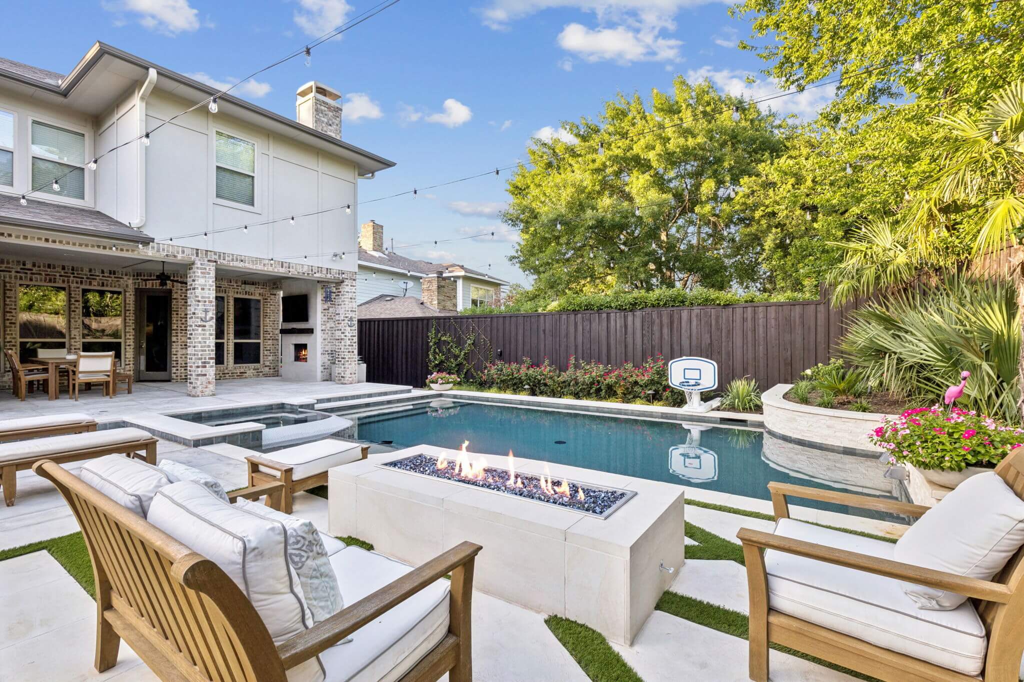 firepit outdoor furniture turf concrete steppers and pool remodel