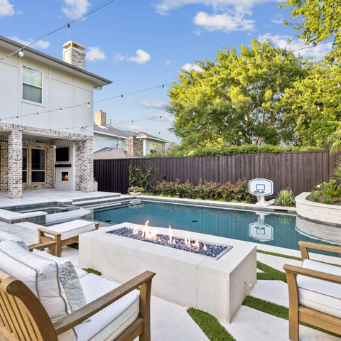 firepit outdoor furniture turf concrete steppers and pool remodel