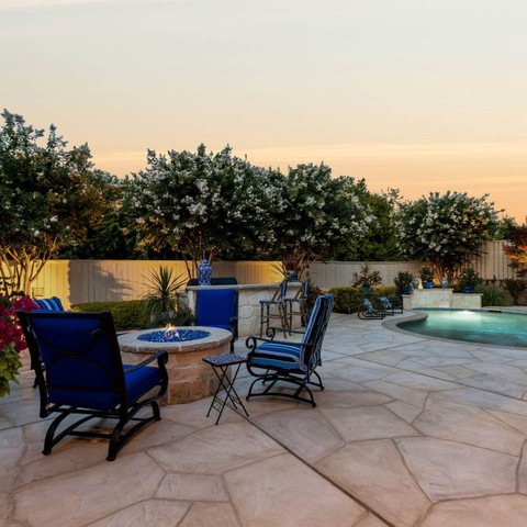 circular stone fire pit carvestone overlay pool remodel outdoor living