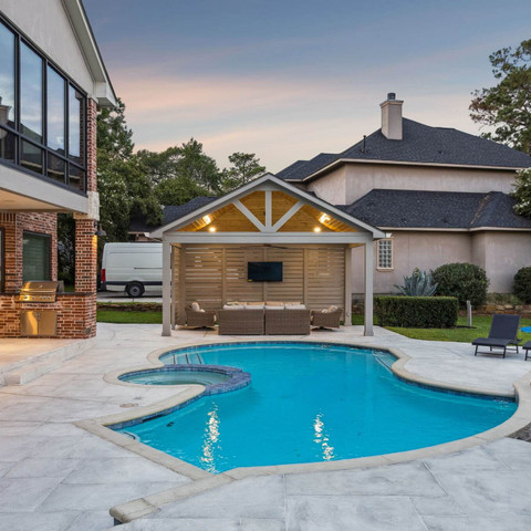 open gable patio cover carvestone overlay pool deck patio outdoor living