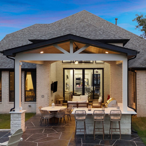 open gable patio cover carvestone overlay outdoor kitchen