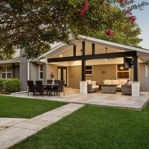 open gable patio cover carvestone overlay outdoor kitchen