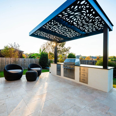 4K aluminum pergola with paver patio and outdoor kitchen