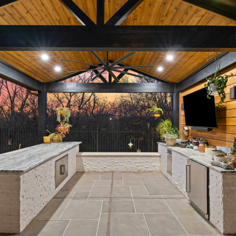 open gable patio cover oasis carvestone overlay and outdoor kitchen