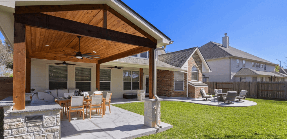 open gable patio cover stone outdoor kitchen and carvestone patio