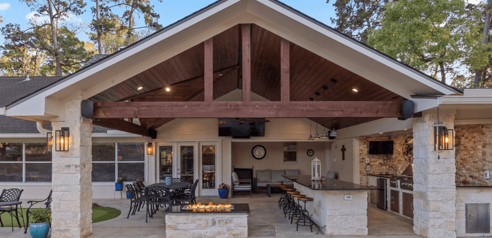 open gable patio cove addition outdoor kitchen fire pit and carvestone patio