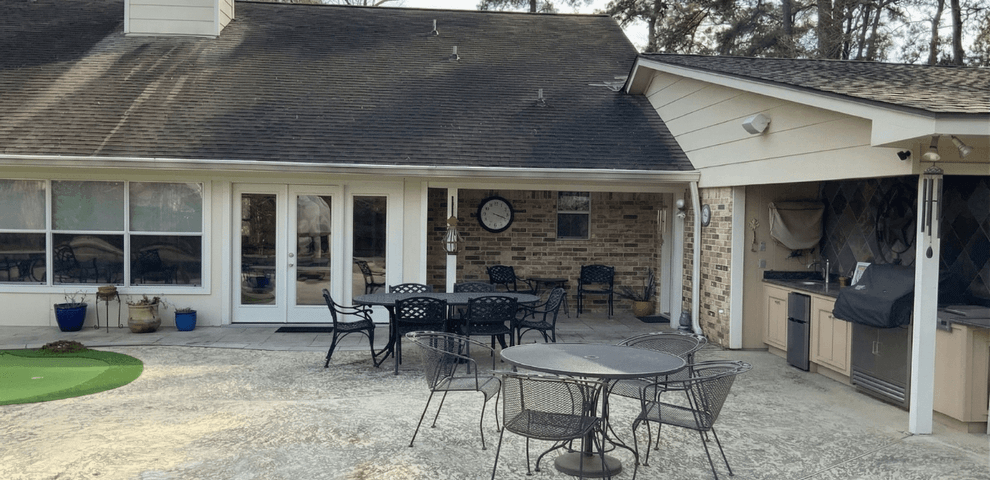 open gable patio cove addition outdoor kitchen fire pit and carvestone patio