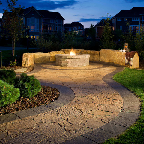 Paver walkway border design idea stone firepit seating area