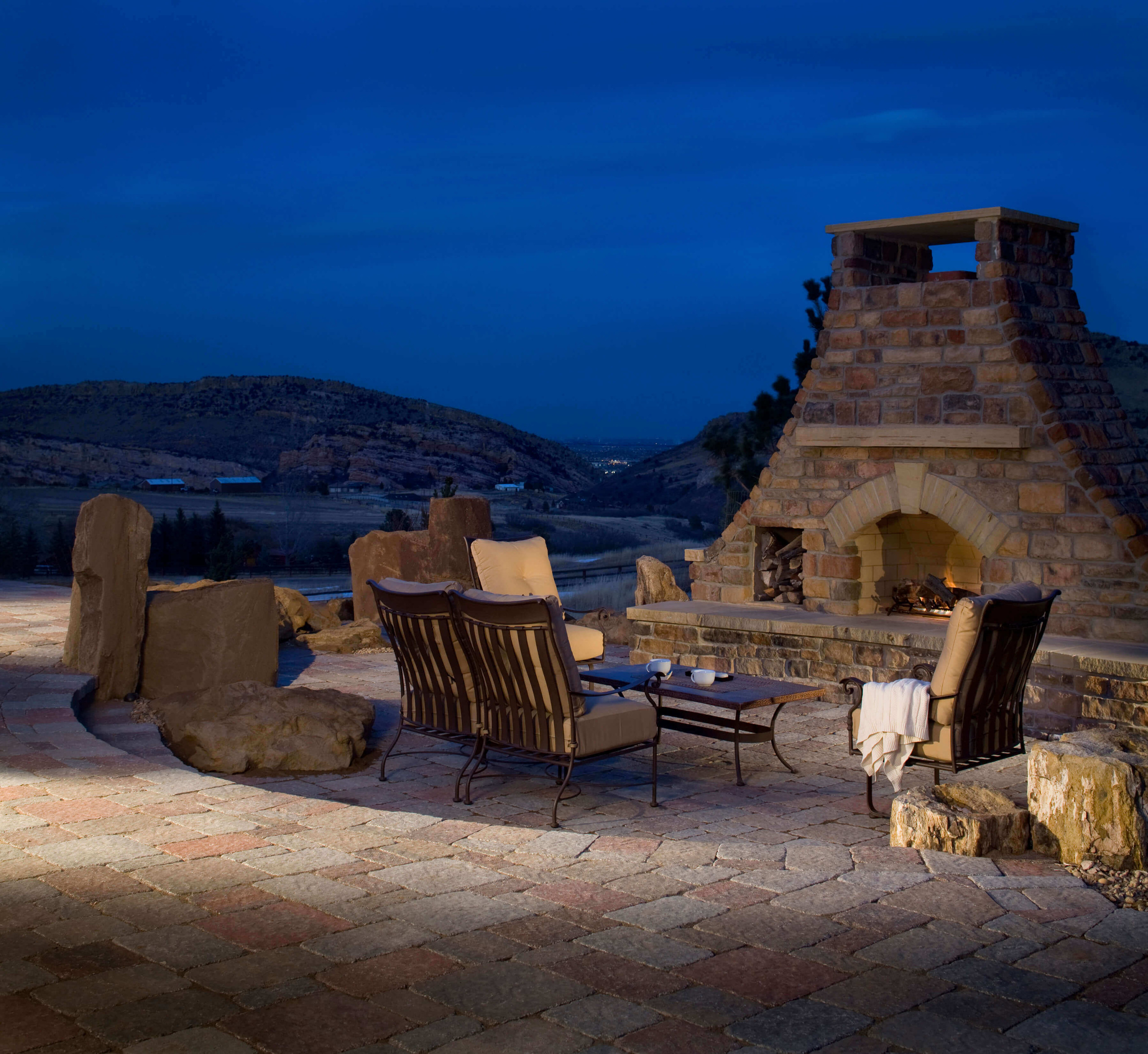 paver patio design and custom built stone fireplace idea hardscape Arizona