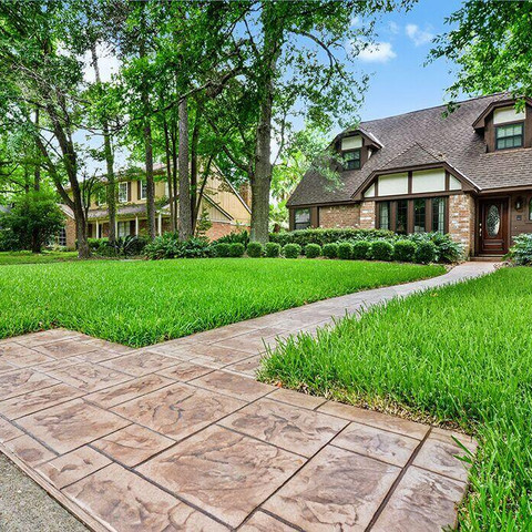 Stamped concrete design idea custom colored walkway hardscape