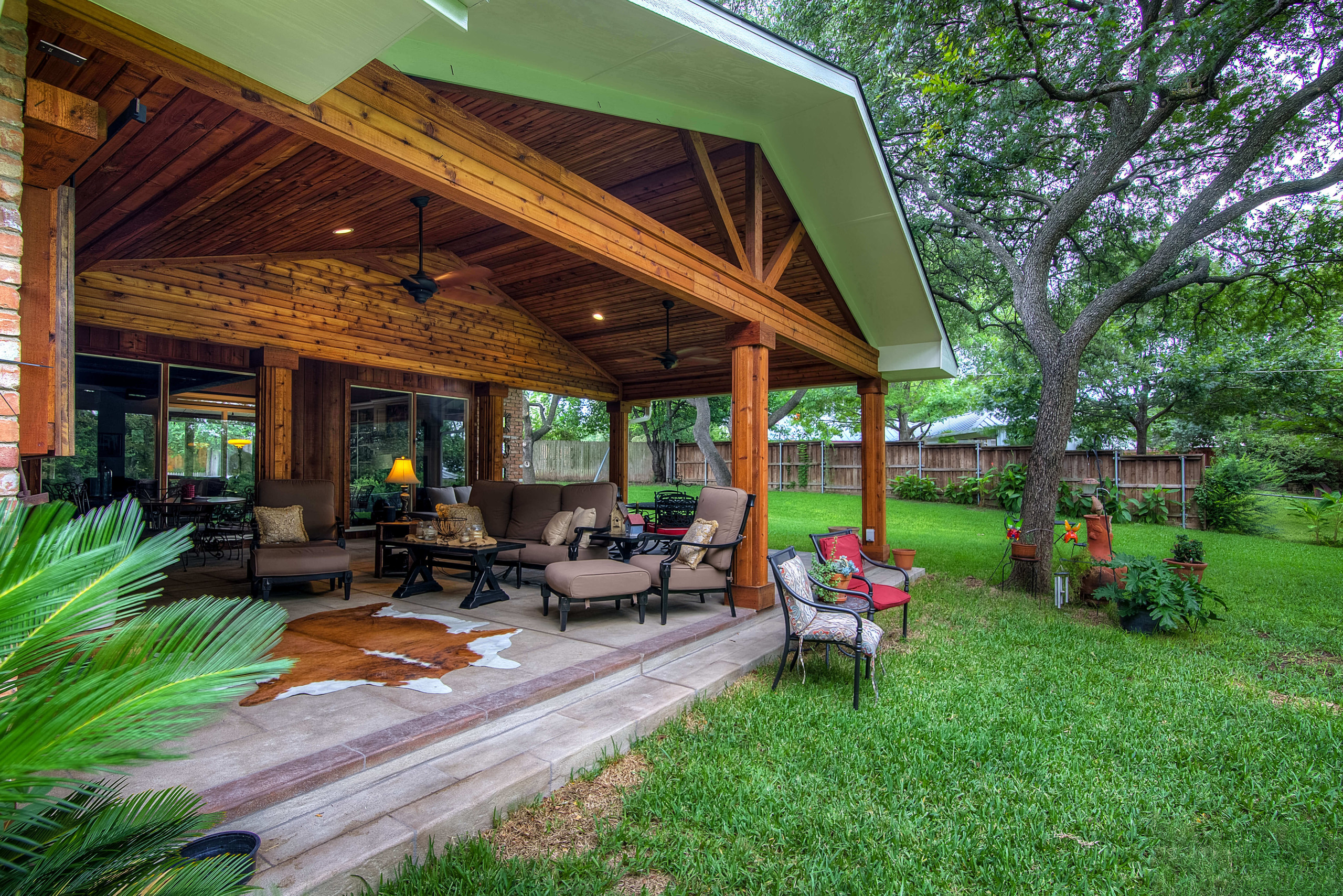 Outdoor living area and cedar gable covered patio design