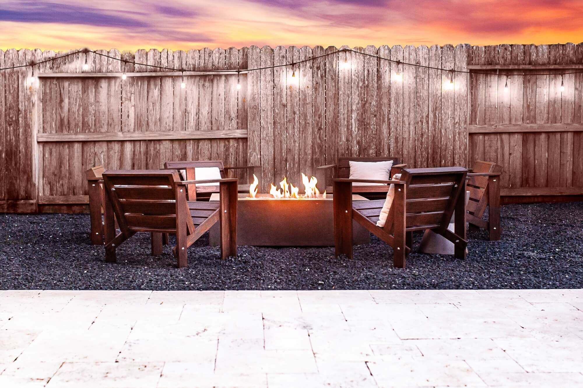 Firepit area backyard sunset Texas vibes