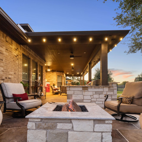 Backyard patio cover and firepit area design idea