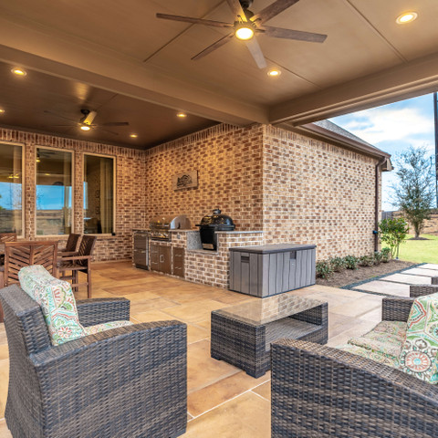 Styled patio cover for shade and summer kitchen design