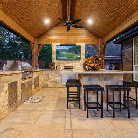 Outdoor kitchen countertop with tv mount