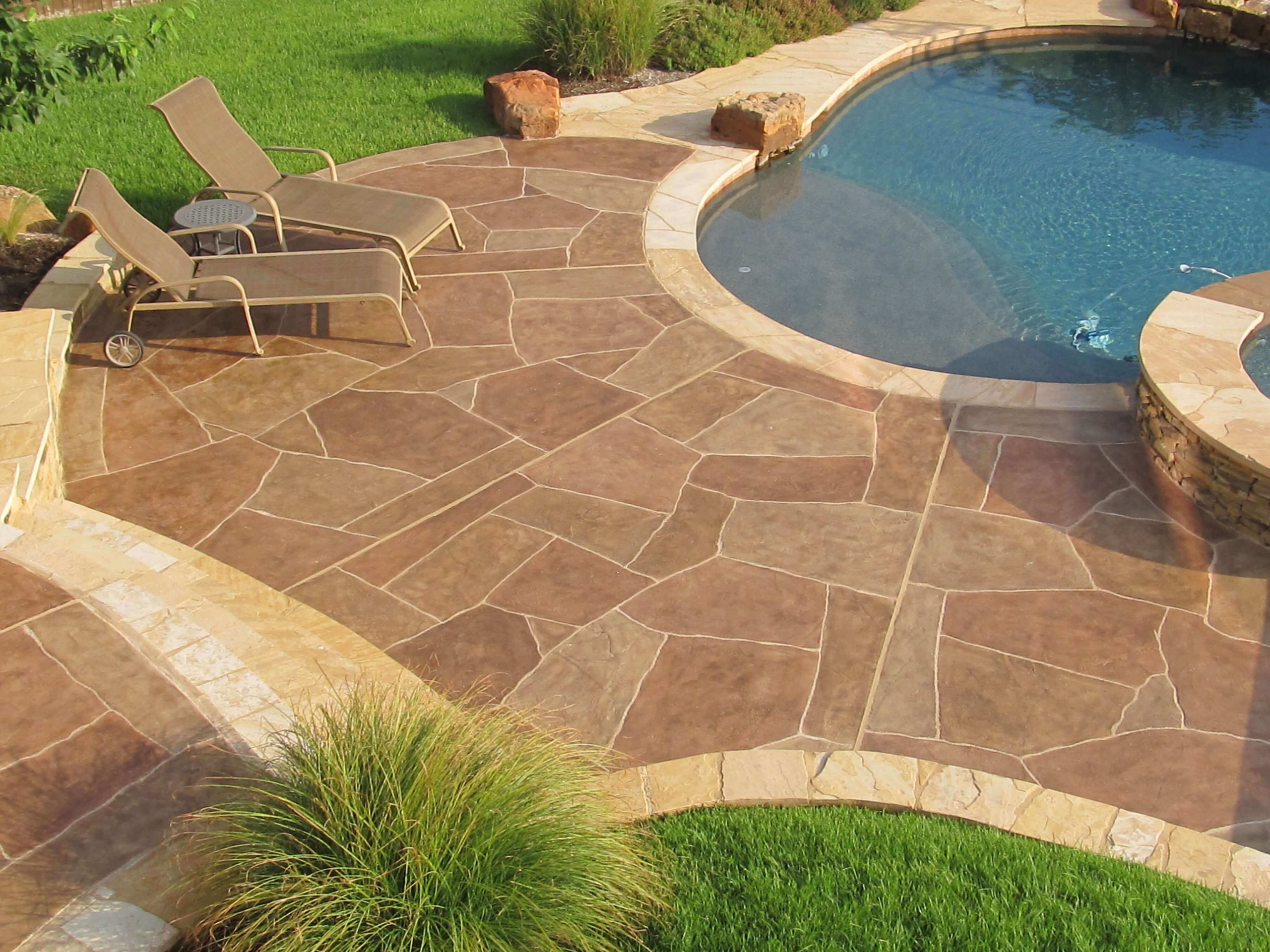 Texas Carvestone pool deck brown flagstone design idea