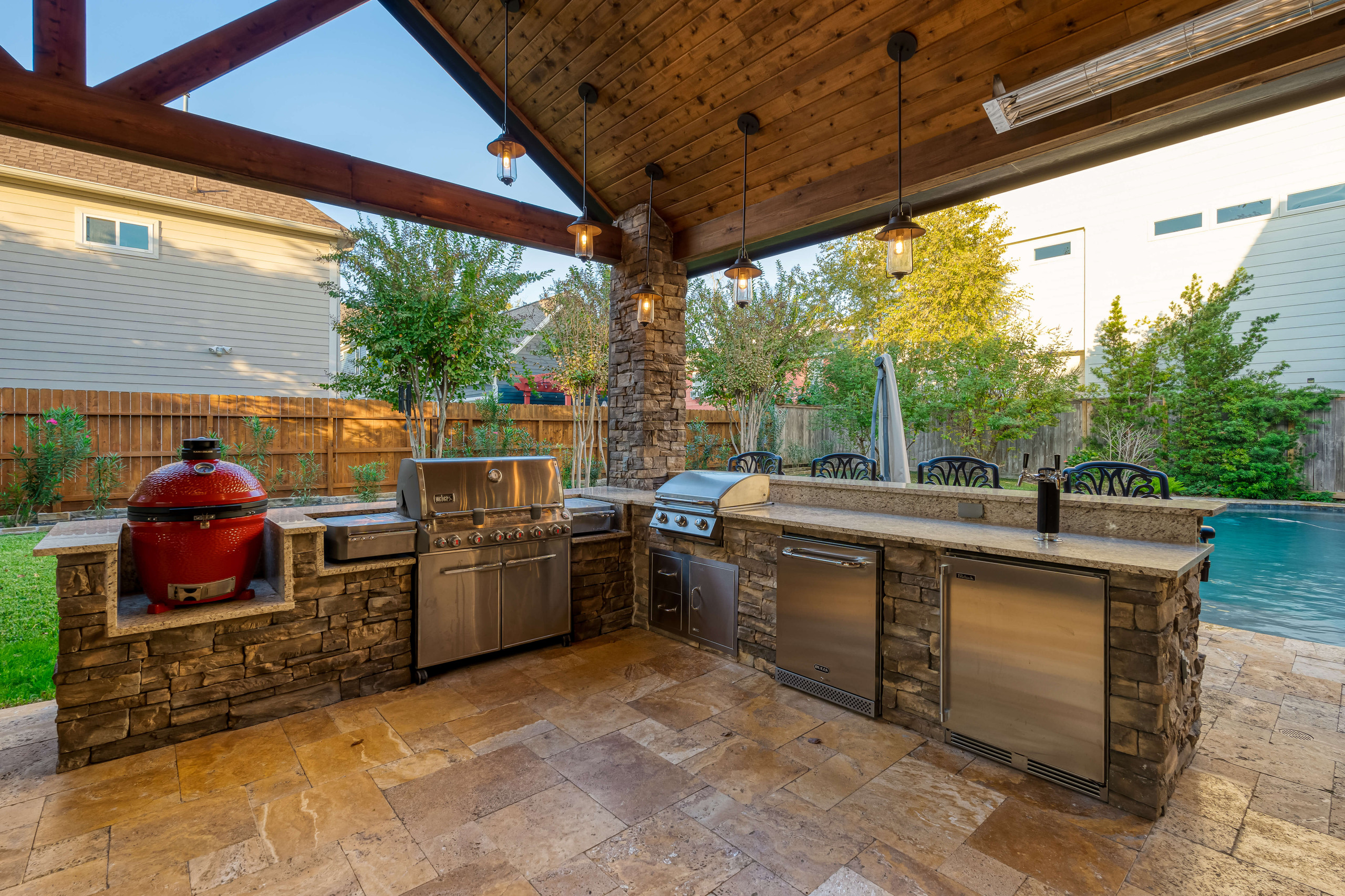 custom outdoor kitchen grill area smoker travertine houston texas