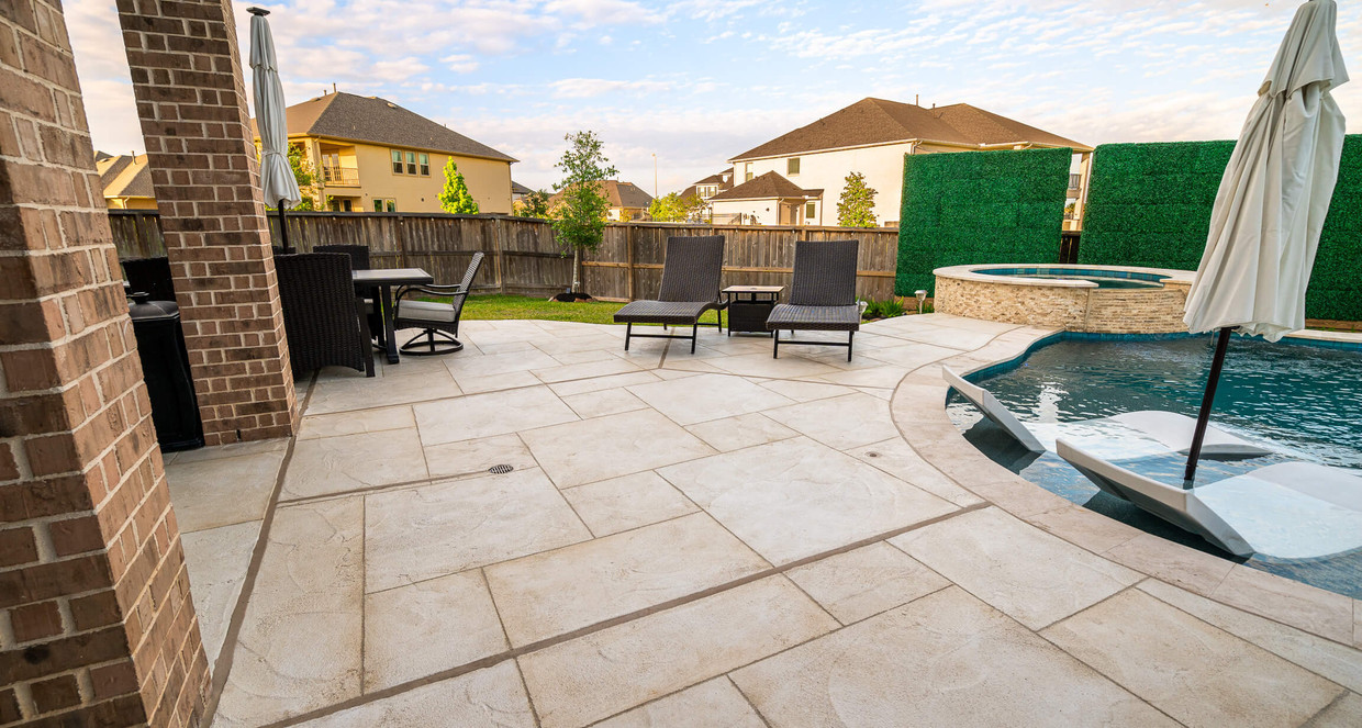 Pool decking decorative concrete overlay custom hardscape