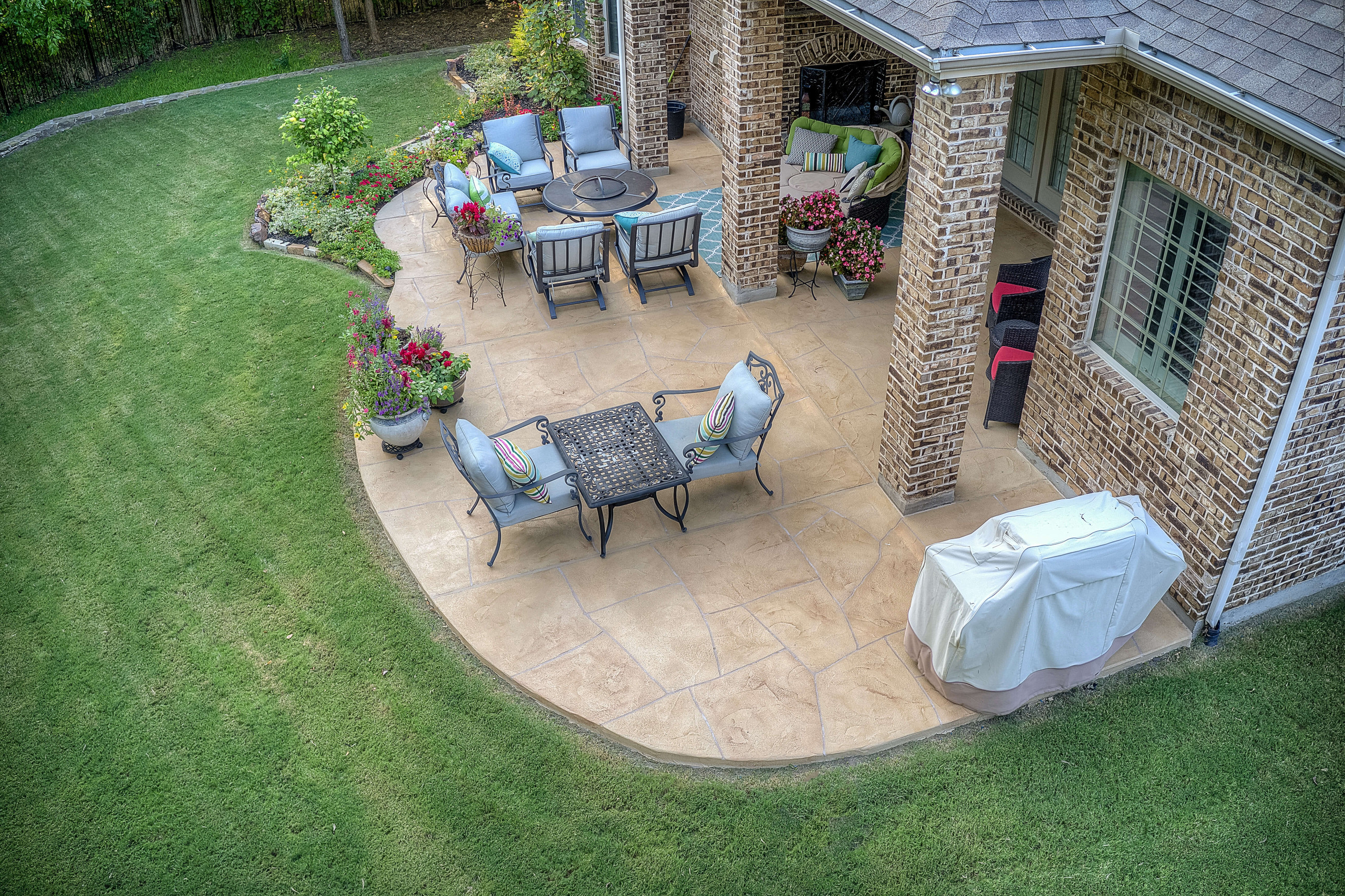 Carvestone concrete overlay patio outdoor living room hardscape Dallas Texas