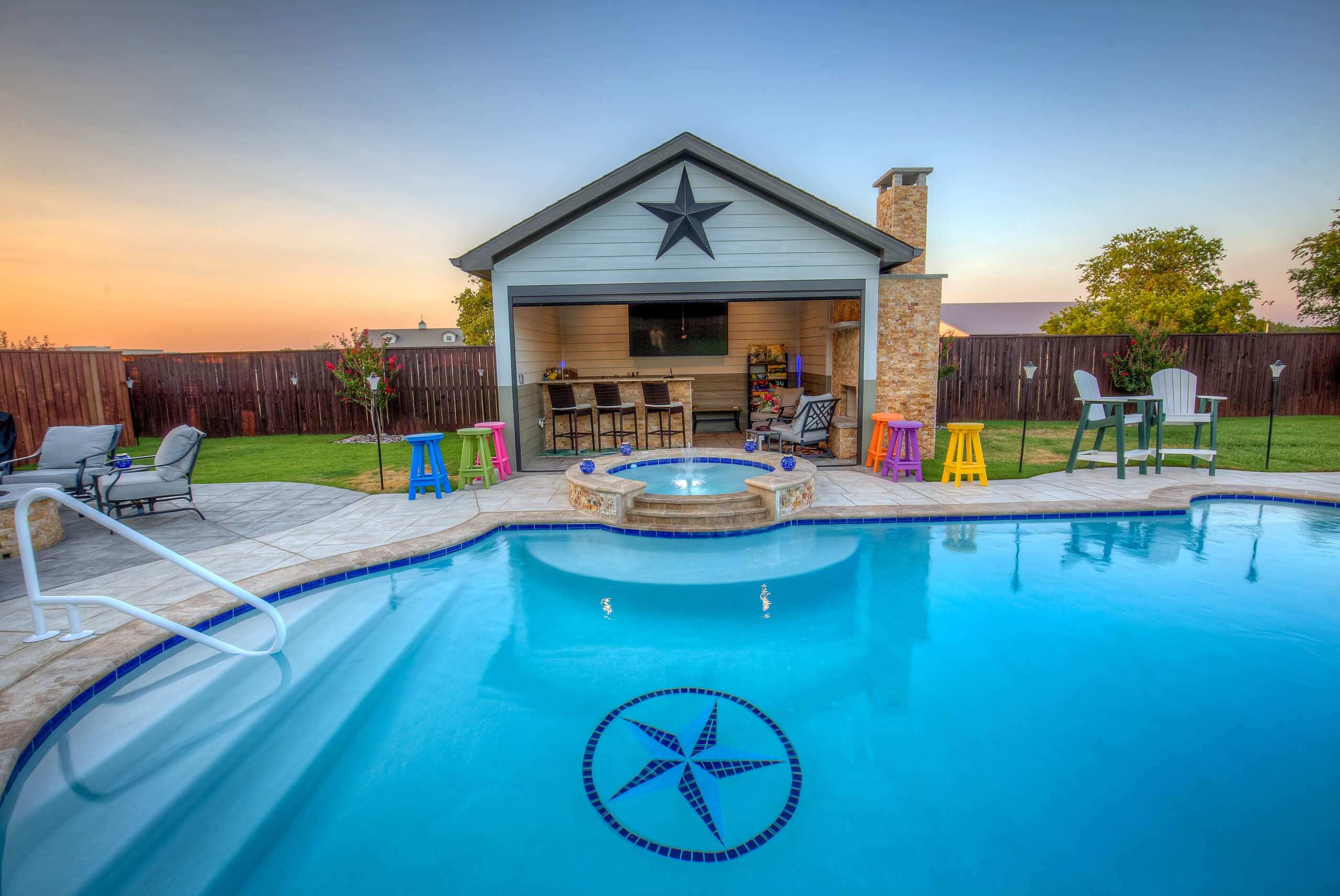 After backyard transformation patio cover construction pool remodel design idea Dallas Texas