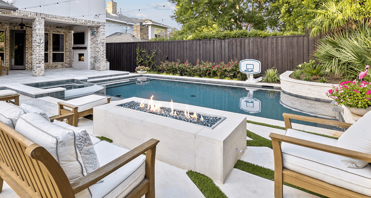 After view of poolside fire feature and seating