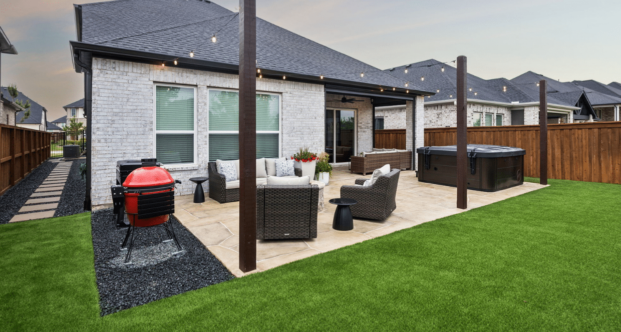 Backyard before and after project with patio seating, hot tub, grill, and turf