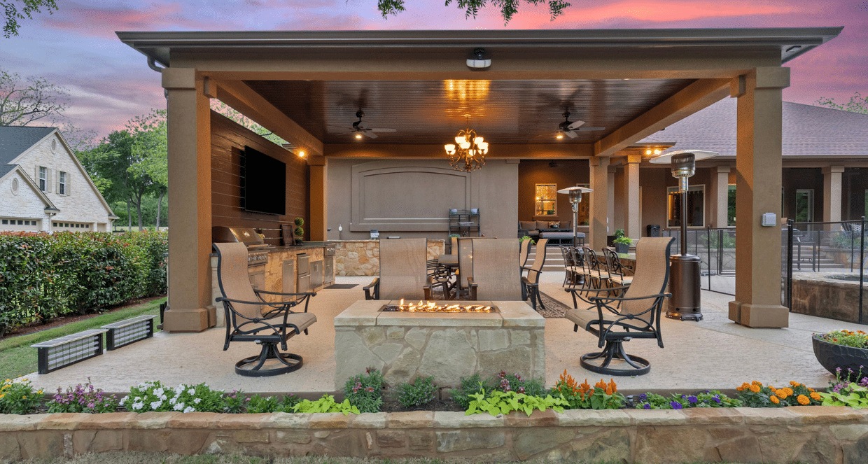 Backyard before and after with covered patio, fire feature, and outdoor kitchen