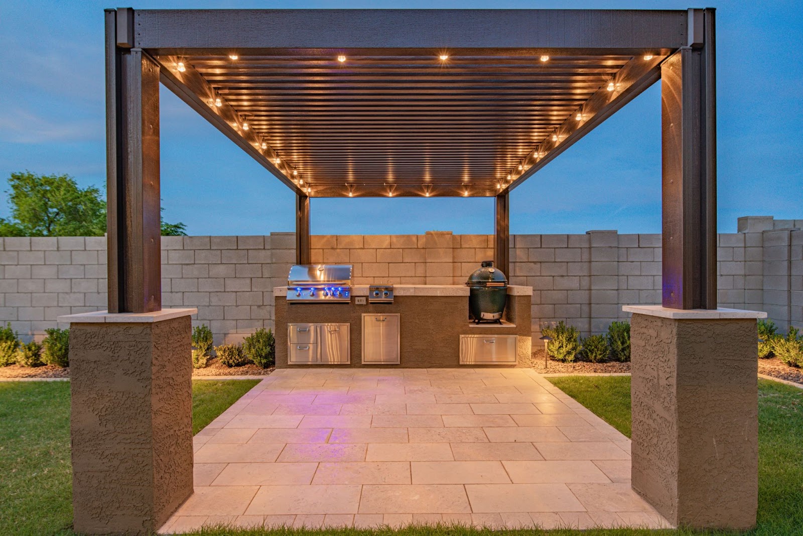 modern solid roof pergola with outdoor kitchen and grill and recessed lighting, san antonio