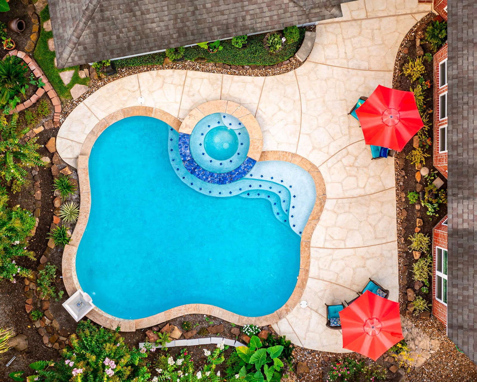 overhead view of carvestone pool deck and outdoor pool in houston
