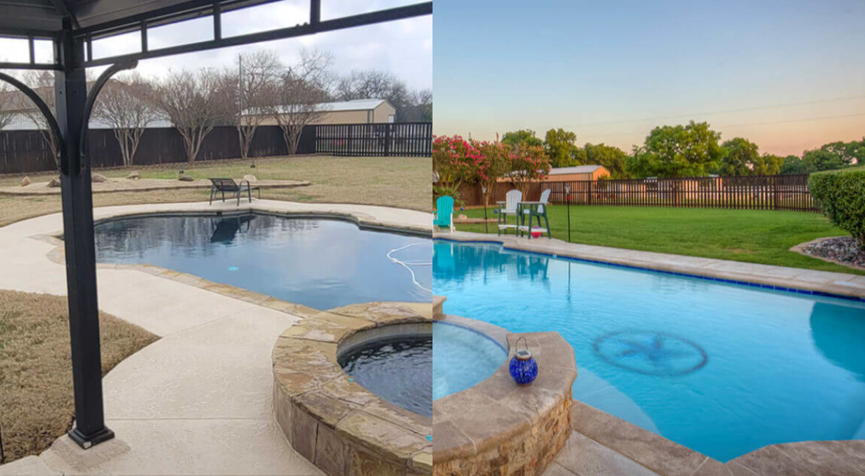 before and after custom pool resurfacing project in texas backyard