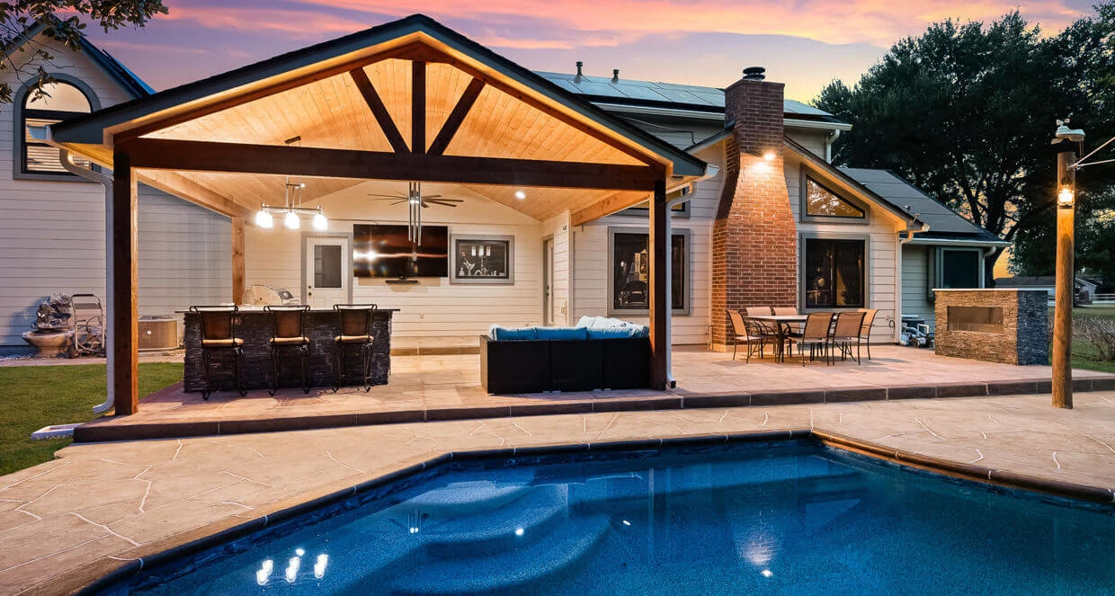 gabled covered patio and carvestone pool deck remodeling project, dallas tx