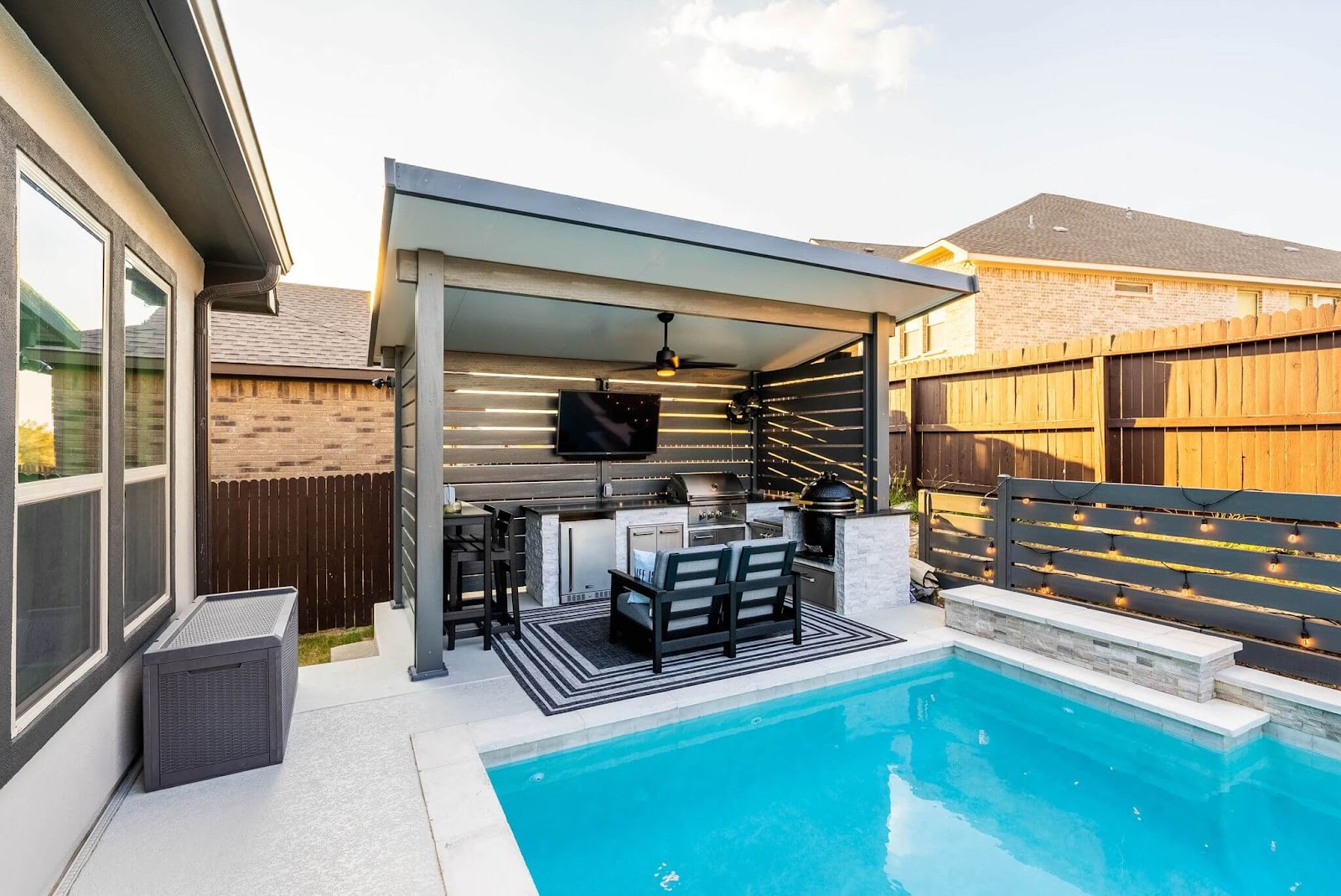 poolside pergola design in texas residential outdoor living space with pool