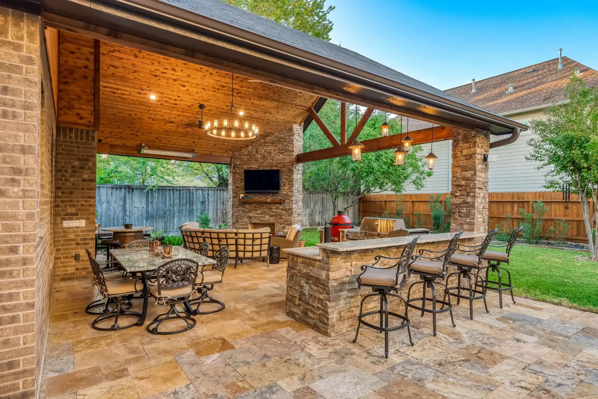 wood patio cover, cedar and natural stone design elements, san antonio tx outdoor living area